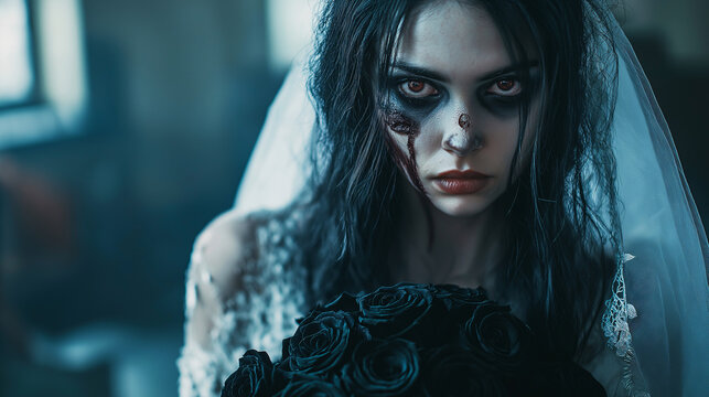 Created scary image of a zombie bride in a tattered wedding dress holding a bouquet of black roses in haunted house sense of horror and creepy.