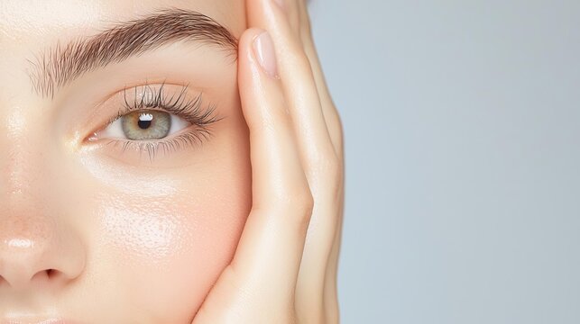 Woman s face with a glowing hydrated complexion, subtle focus on skin texture, natural light, Skin care, Hydration