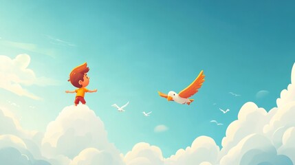 Obraz premium A child stands on clouds, gazing at a bird soaring in a bright blue sky.