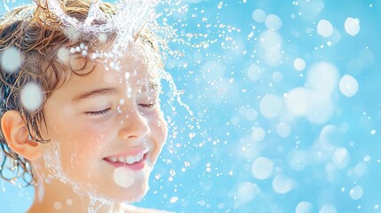 A young person splashing cool, fresh water on their face, droplets frozen in mid-air, highlighting a clean, youthful glow, refreshing skincare, youthful vitality