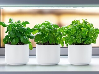 Fototapeta premium Organic herb garden indoors with automated soil moisture and lighting controls, sustainable home farming