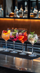 Obraz premium A vibrant display of four colorful cocktails on a bar counter. Each cocktail is served in a large glass, garnished with fruits and herbs. 