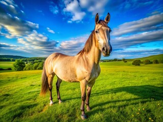 Majestic Grullo Horse Standing Gracefully in a Lush Green Pasture Under Clear Blue Sky