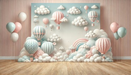 Obraz premium Pastel hot air balloons and clouds backdrop with balloons in a whimsical room. Fantasy scene with wooden floor.
