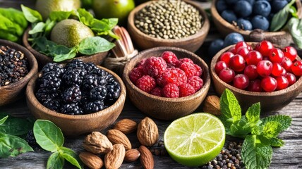 A variety of fruits and nuts are displayed in wooden bowls on a wooden table