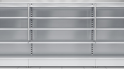 Supermarket shelves mockup with shelf stoppers. 3d illustration