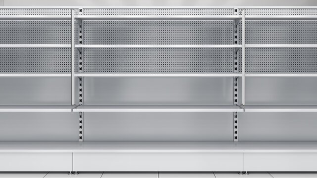 Supermarket shelves mockup with shelf stoppers. 3d illustration