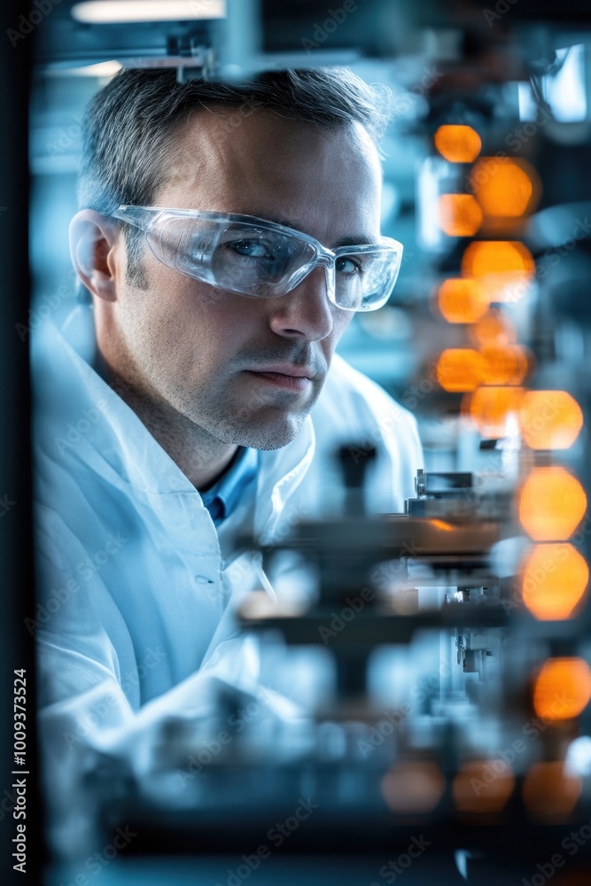Aufkleber A scientist in a lab coat and goggles tinkers with a machine, possibly conducting an experiment or maintenance