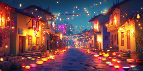 A joyful celebration of Diwali, India's Festival of Lights, with colorful lanterns and sparklers adorning homes and streets.