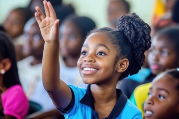 Young girl raises her hand in a crowd, focusing attention on herself