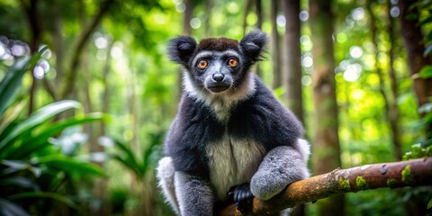 Majestic Indri Lemur Sitting on a Branch in a Lush Green Forest of Madagascar's Unique Habitat