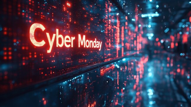 Digital display of Cyber Monday promotions illuminated in a high-tech environment - Powered by Adobe