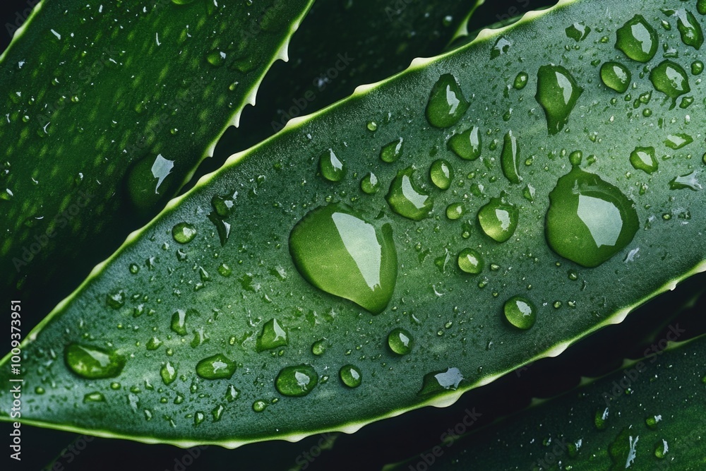 Poster A close-up view of a leaf with water droplets glistening on its surface