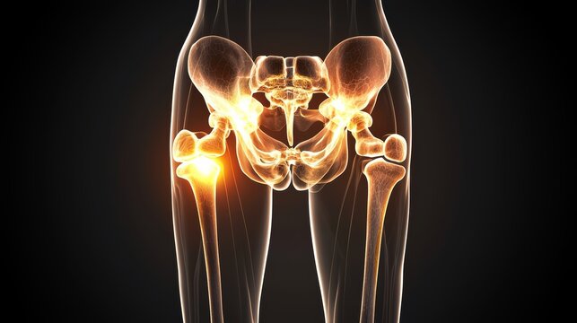A detailed front-facing 3D illustration of the hip joint, showing inflamed areas in the tendons and ligaments attached to the femur and pelvis due to injury.