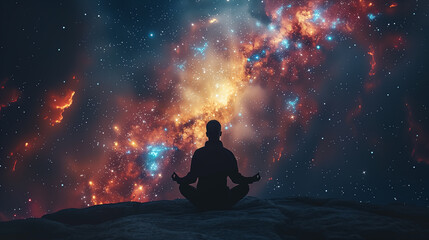 Galaxy universe view with a silhouette of a meditating man in lotus position.
