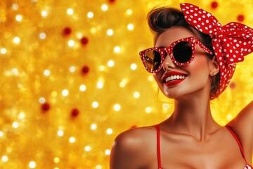 A woman wearing a red and white polka dot dress and sunglasses, casual outdoor look