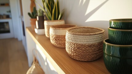 Cozy autumn-inspired interior with natural wood and woven baskets