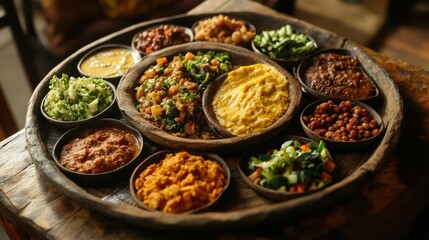 Obraz premium A colorful platter of various traditional dishes served in small bowls.