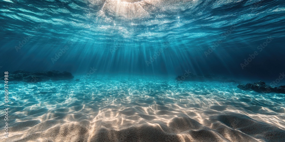 Poster a picture of sunlight shining through the water's surface, creating a beautiful and serene scene