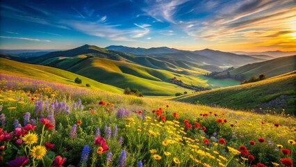 Majestic landscape of rolling hills and vibrant wildflowers under a clear blue sky in summer