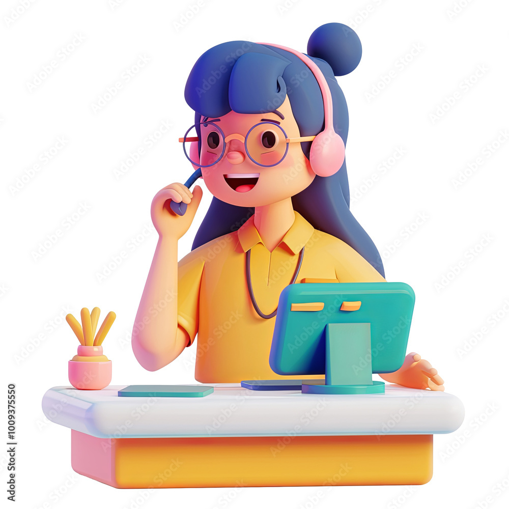 Wall mural 3d customer service agent woman talking on a headset with a client using computer online support con