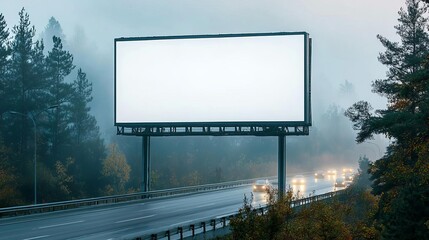 Obraz premium Blank billboard on a highway bridge, foggy morning atmosphere, light traffic, cinematic mockup scene
