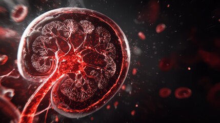 Fototapeta premium A 3D diagram showing a cross-section of a kidney, highlighting the renal cortex and medulla, along with the major blood vessels running through it.
