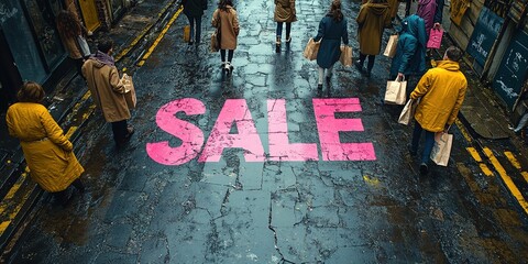 A close-up of a pink Sale inscription on the asphalt against a background of blurred people with colorful bags. The concept of discounts and sales