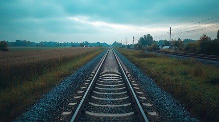Fototapeta premium A long, straight railroad track stretches into the distance, disappearing into the misty horizon. The track is surrounded by green grass and trees, with a blue sky above.
