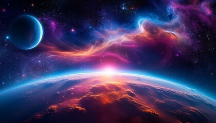 Obraz premium Outer space nebula with swirling clouds of vibrant gas, distant stars, and a glowing planet in the background. Deep space theme, high contrast colors