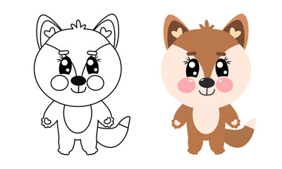 Cute outline fox  full height. Coloring page illustration for kids. Kawaii baby fox, bear animal in line drawing	