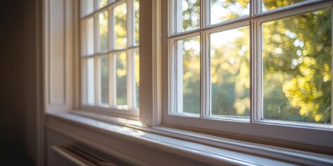 Fototapeta premium Sash window stiles, UK, classic home setting, bright and clean atmosphere, natural lighting, rim studio lighting, shallow depth of field, detailed texturesâ€”[ðŸ ðŸªŸðŸ’¡]:âŸ¨ðŸªŸðŸ”§âŸ©â¨¹âŸ¨ðŸ¡ðŸ’