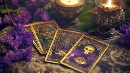 Four tarot cards lie face up on a table, surrounded by flowers and two candles.
