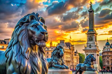 Fototapeta premium Majestic Lions of Trafalgar Square Standing Proudly Against the Backdrop of London's Iconic Landmark
