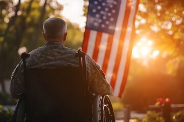 Military veteran in a wheelchair facing the American flag during sunset, emotional and respectful