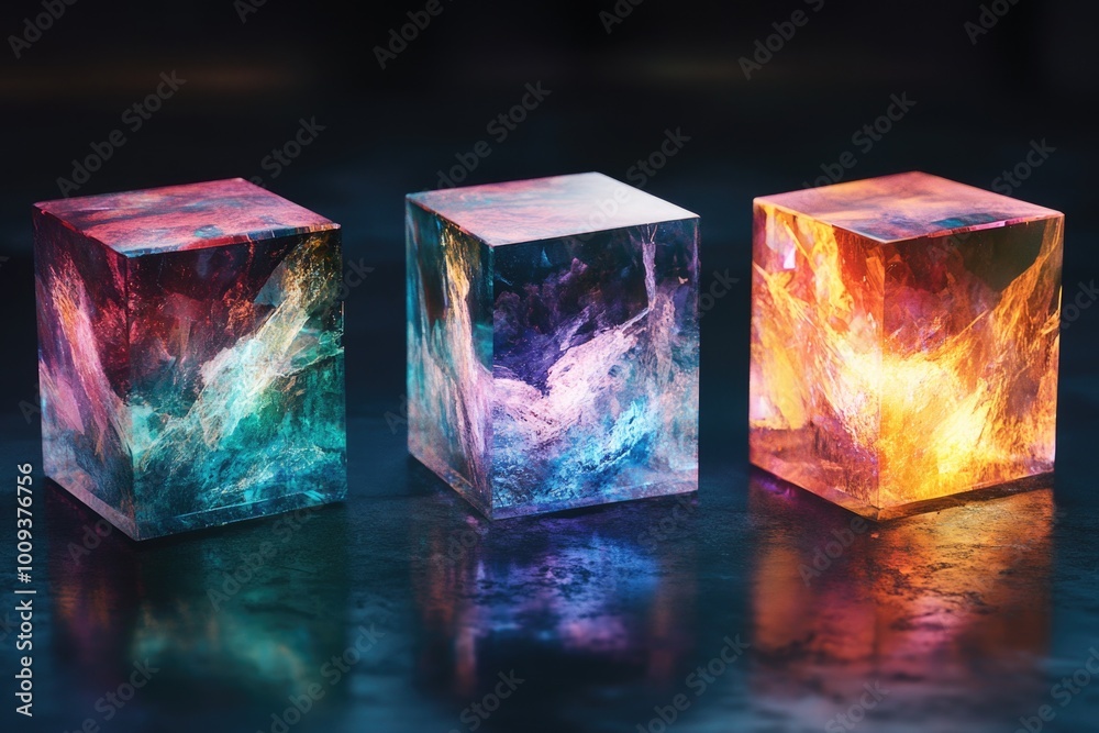 Poster three vibrant glass cubes sit on a table, adding a pop of color to the scene