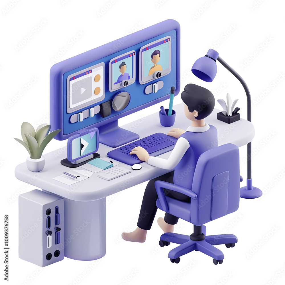 Wall mural man working from home office online meeting video call using computer 3d character png transparent b