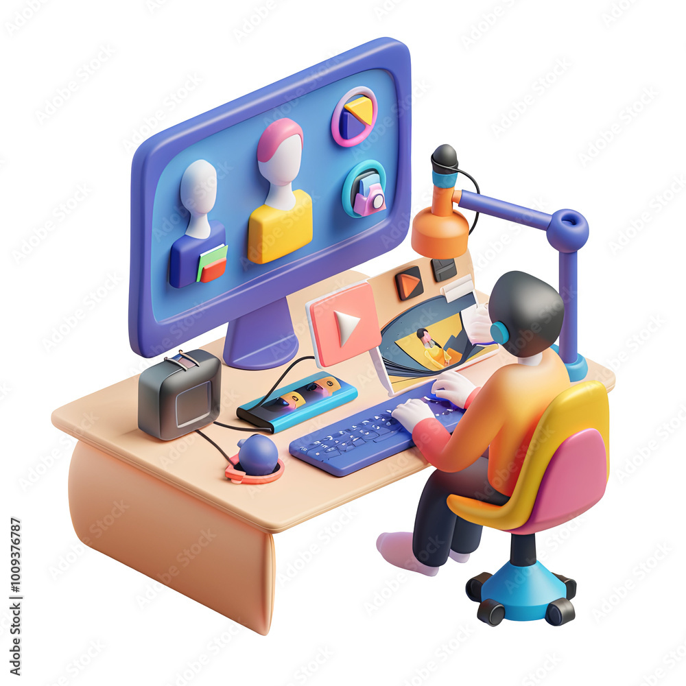 Wall mural 3d video editor working from home office setup with computer video editing software microphone headp