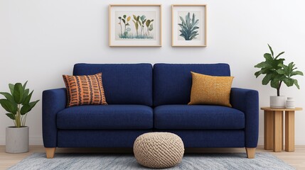 Fototapeta premium Cozy living room with modern blue sofa and textured cushions for spring home décor