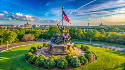 Majestic Marine Corps Monument in Washington DC Surrounded by Lush Greenery and Clear Blue Sky