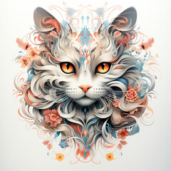 Naklejka premium Artistic cat illustration with vibrant floral patterns and bright colors on a soft background 