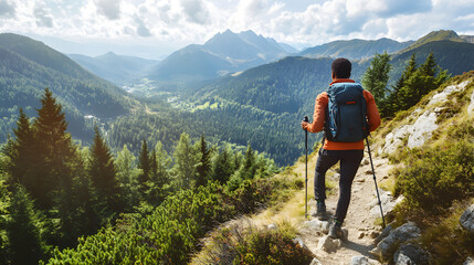 A black hiker climbs a scenic mountain trail, surrounded by lush forests and panoramic views of distant peaks and valleys under a bright blue sky