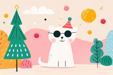 Fototapeta premium Christmas illustration of a cute white bear wearing sunglasses and a hat, ideal for holiday cards.