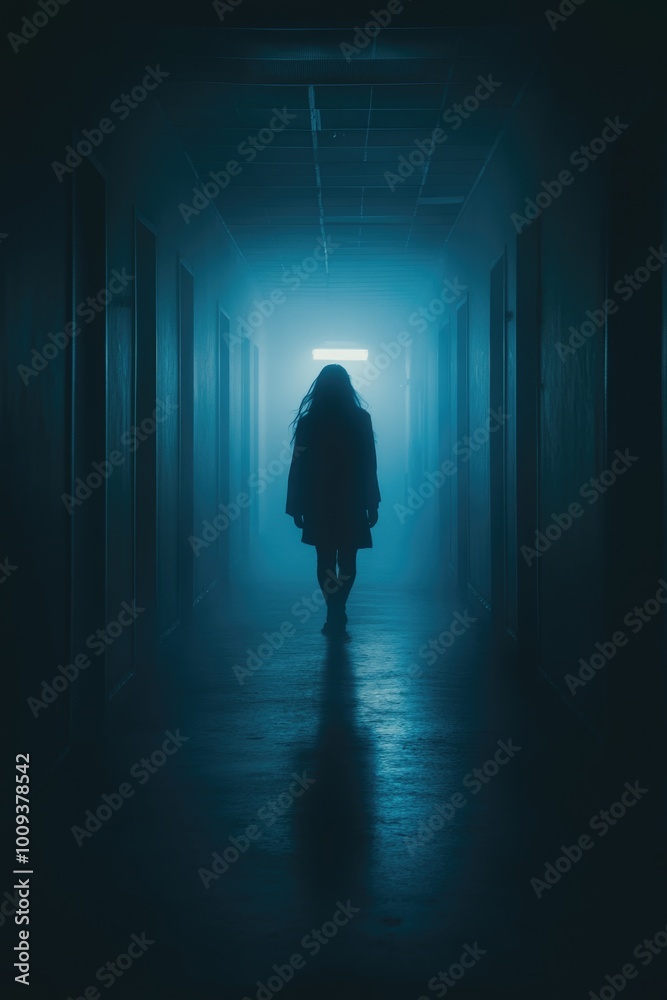 Poster a person is walking down a dimly lit hallway, the only light coming from a faint glow in the distanc