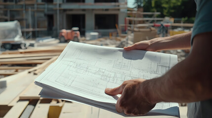 Naklejka premium Close-up of hands holding architectural blueprints at a construction site with building development and materials in the background