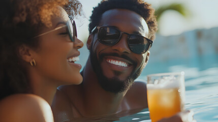 Two black friends relax by the pool, enjoying drinks while smiling and wearing sunglasses, creating a joyful and carefree atmosphere