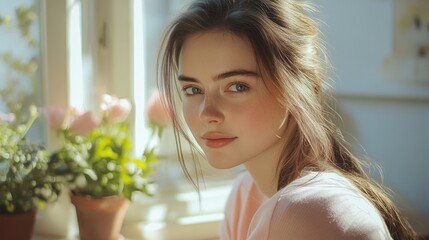 Fototapeta premium Natural Portrait of Young Woman by Window Light