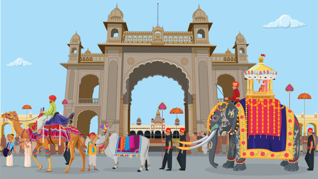 Mysore dasara, Balarama is lead elephant of Dasara procession and carried the idol of goddess Chamundeshwari, Musician Performing and People watching Procession, Entrance Gate to Mysore Palace
