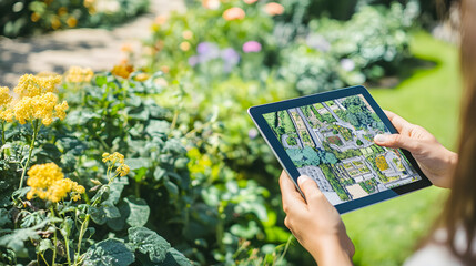 A landscape designer plans a garden layout using a tablet, surrounded by vibrant flowers and greenery, showcasing creativity and nature's beauty