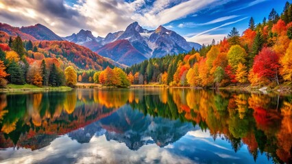 Majestic mountain landscape with a serene lake reflecting the vibrant colors of autumn foliage